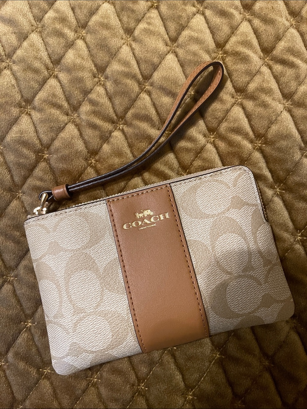 Coach Beige Signature Canvas Wristlet with Tan Leather Stripe